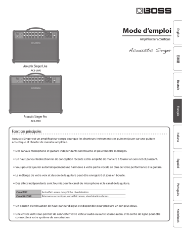 Acoustic Singer Live | Boss Acoustic Singer Pro Acoustic Amplifier Manuel du propriétaire | Fixfr