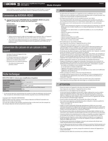 Boss KATANA Cabinet212 Guitar Amplifier Cabinet Manuel du propriétaire | Fixfr