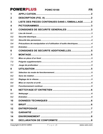 VARO POWC10100 Manuel du propriétaire | Fixfr