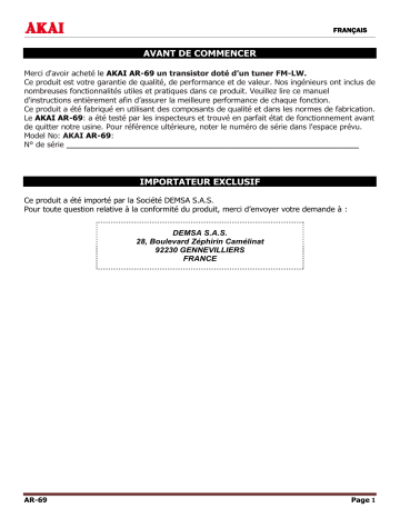 Akai AR-69 Manuel du propriétaire | Fixfr