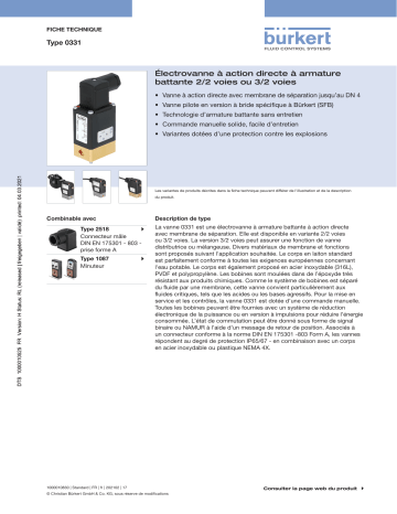 Burkert 0331 Direct-acting 2/2 or 3/2-way pivoted armature valve Fiche technique | Fixfr