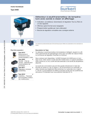 Burkert 8400 Screw-in temperature threshold detector/transmitter Fiche technique | Fixfr