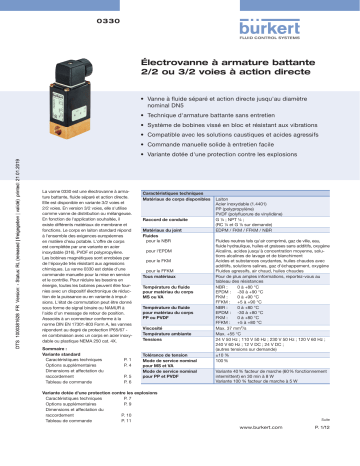 Burkert 0330 Direct-acting 2/2 or 3/2-way pivoted armature valve Fiche technique | Fixfr