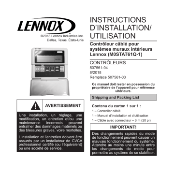 Lennox KJR-12B Mini-Split Non-Programmable Wired Remote Control Guide d'installation | Fixfr