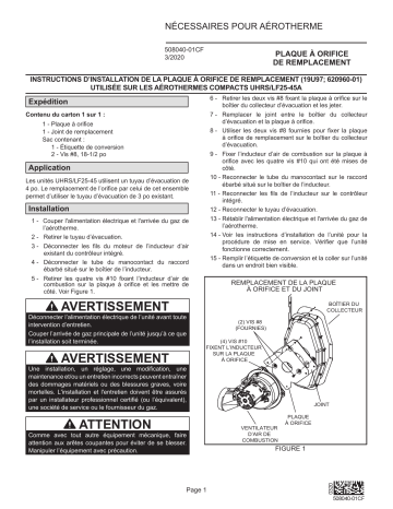 Lennox Orifice Repl. Kit -- LF25-45 Compact Unit Heaters Guide d'installation | Fixfr