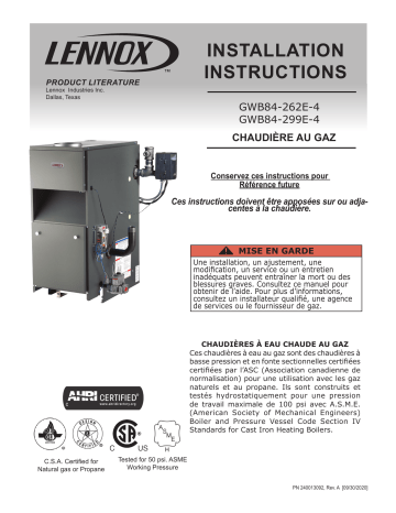 Lennox GWB84-262-E/299-E Non-Condensing Boiler Guide d'installation | Fixfr