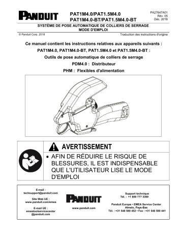 PDM4.0 | PAT1.5M4.0 | PAT1.5M4.0-BT | Panduit PAT1M4.0-BT Automatic Cable Tie Tool - Tool Head Manuel du propriétaire | Fixfr