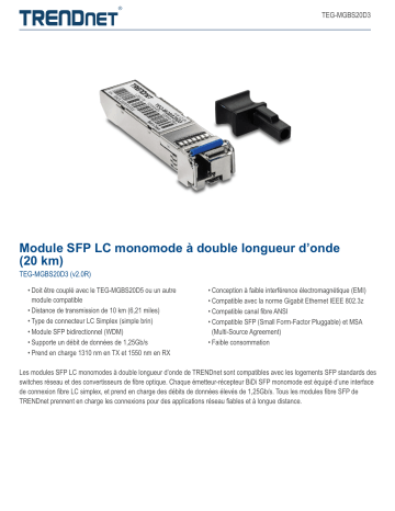 Trendnet TEG-MGBS20D3 SFP Dual Wavelength Single Mode LC Module (20km) Fiche technique | Fixfr