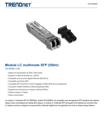 Trendnet TEG-MGBSX SFP Multi-Mode LC Module (550m) Fiche technique | Fixfr