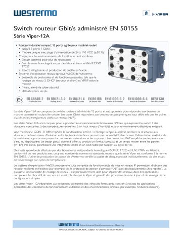 Viper-212A-T5G | Viper-112A-T3G | Viper-212A-T3G | Viper-212A | Westermo Viper-112A-T5G EN 50155 Managed Gbps Switch Fiche technique | Fixfr