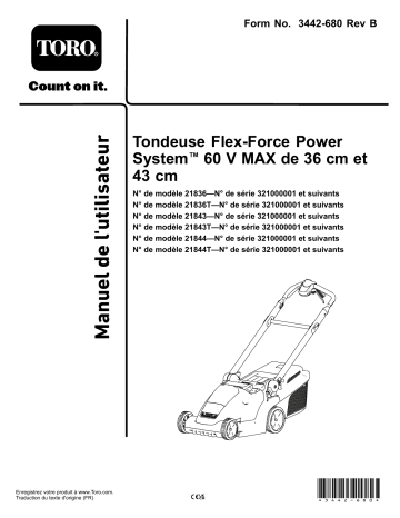 Flex-Force Power System 60V MAX 36cm Lawn Mower | Toro Flex-Force Power System 60V MAX 43cm Lawn Mower Walk Behind Mower Manuel utilisateur | Fixfr
