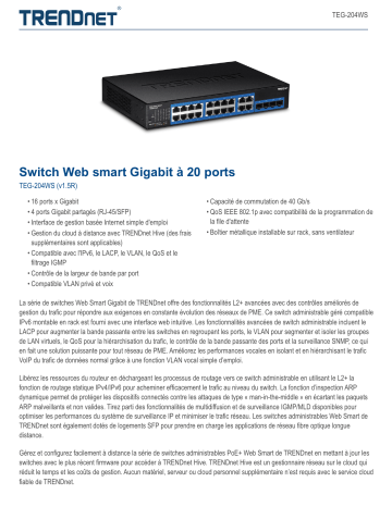 Trendnet TEG-204WS 20-Port Gigabit Web Smart Switch Fiche technique | Fixfr