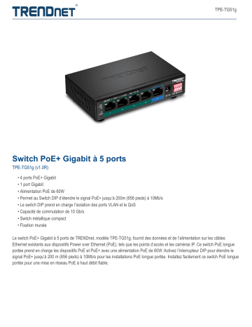 Trendnet TPE-TG51g 5-Port Gigabit PoE+ Switch Fiche technique | Fixfr