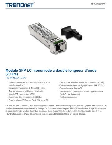 Trendnet TEG-MGBS20D5 SFP Dual Wavelength Single Mode LC Module (20km) Fiche technique | Fixfr