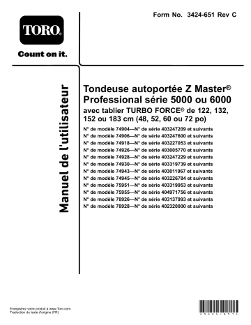 Z Master Professional 5000 Series Riding Mower, | Toro Z Master Professional 6000 Series Riding Mower, Riding Product Manuel utilisateur | Fixfr