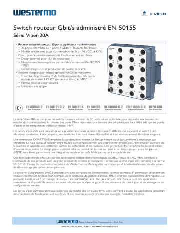 Viper-220A | Viper-220A-T4G | Westermo Viper-120A-T4G EN 50155 Managed Gbps Switch Fiche technique | Fixfr