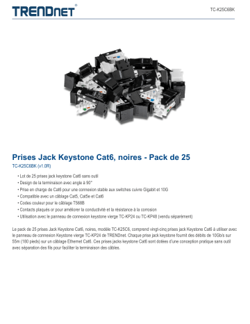 Trendnet TC-K25C6BK Cat6 Keystone Jack, Black – 25-Pack Fiche technique | Fixfr
