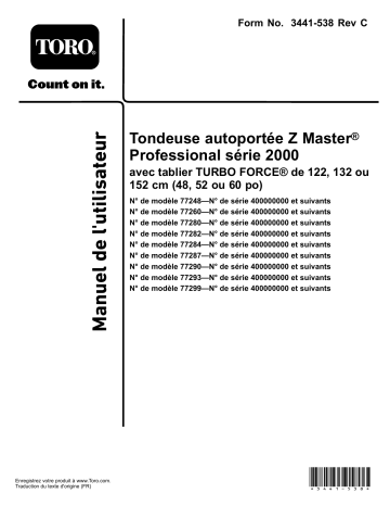 60in Z Master Professional 2000 Series Riding Mower | 52in Z Master Professional MyRide 2000 Series Riding Mower | 52in Z Master Professional 2000 Series Riding Mower | 48in Z Master Professional 2000 Series Riding Mower | Toro 60in Z Master Professional MyRide 2000 Series Riding Mower Riding Product Manuel utilisateur | Fixfr