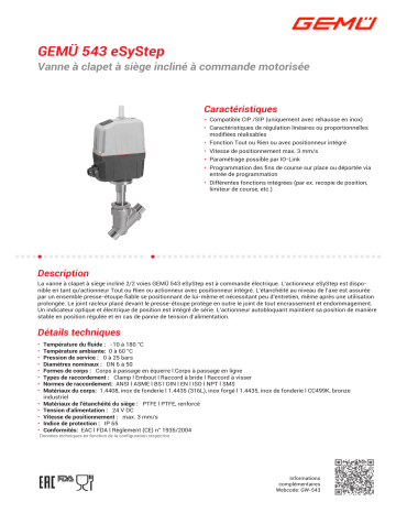 Gemu 543 eSyStep Motorized angle seat globe valve Fiche technique | Fixfr