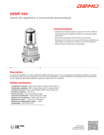 Gemu 566 Manually operated, pneumatically operated or motorized control valve Fiche technique | Fixfr