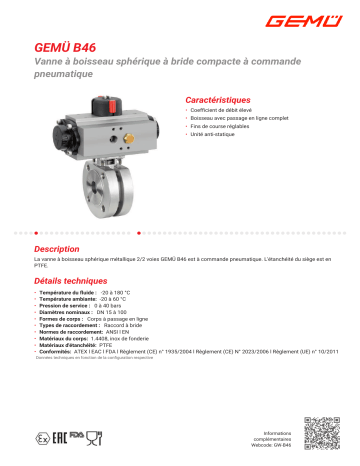 Gemu B46 Pneumatically operated compact flanged ball valve Fiche technique | Fixfr