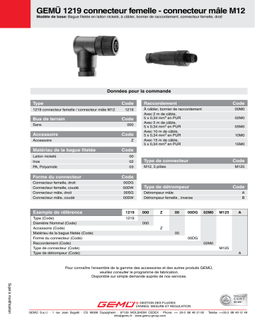 Gemu 1219 Cable socket / cable plug M12 Fiche technique | Fixfr