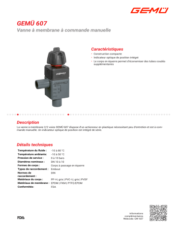 Gemu 607 Manually operated diaphragm valve Fiche technique | Fixfr