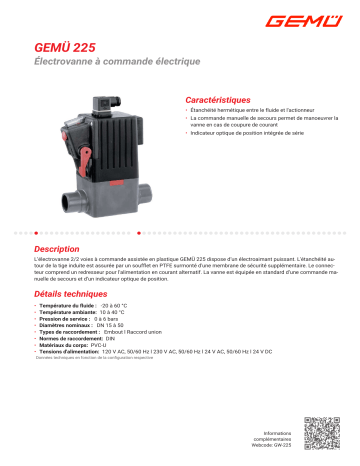 Gemu 225 Electrically operated solenoid valve Fiche technique | Fixfr