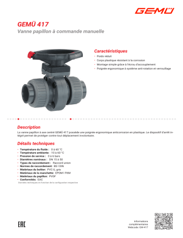 Gemu 417 Manually operated butterfly valve Fiche technique | Fixfr