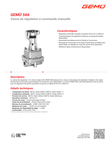 Gemu 566 Manually operated, pneumatically operated or motorized control valve Fiche technique | Fixfr