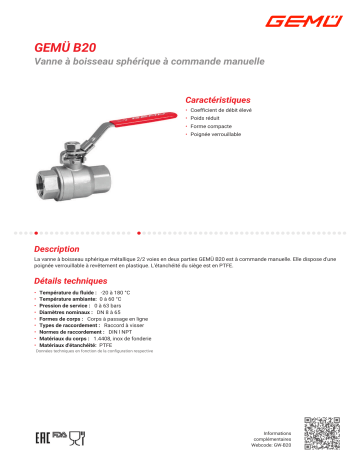 Gemu B20 Manually operated ball valve Fiche technique | Fixfr