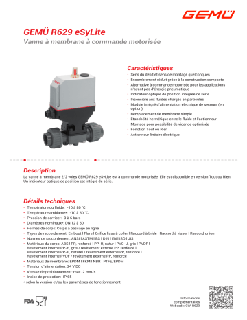 Gemu R629 eSyLite Motorized diaphragm valve Fiche technique | Fixfr