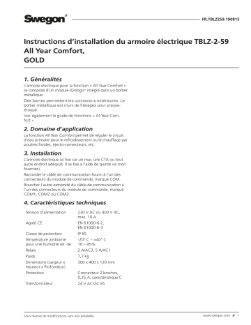 Swegon TBLZ-2-59 Armoire électrique Mode d'emploi | Fixfr