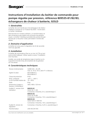 Swegon 809535 Electrical equipment cubicle Mode d'emploi | Fixfr