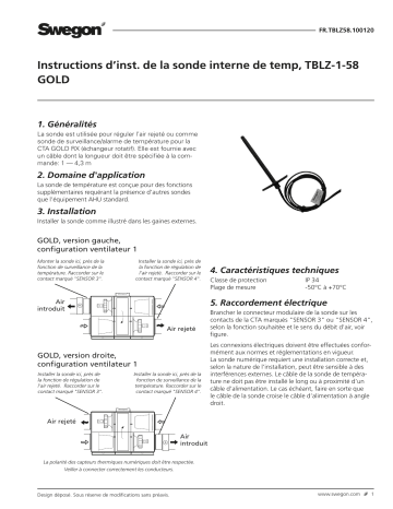 Swegon TBLZ-1-58 Sonde de température interne Mode d'emploi | Fixfr