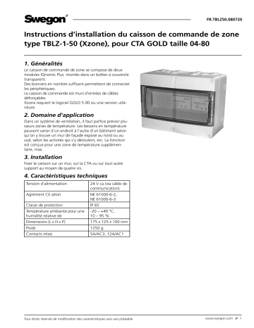 Swegon TBLZ-1-50 Zone control box Mode d'emploi | Fixfr