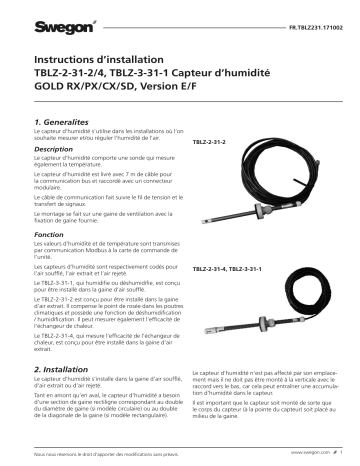 Swegon TBLZ-2-31-1/2/4 Humidity sensor Mode d'emploi | Fixfr