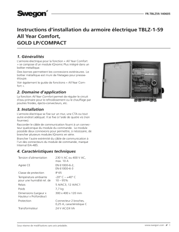 Swegon TBLZ-1-59 Armoire équipement électrique Mode d'emploi | Fixfr