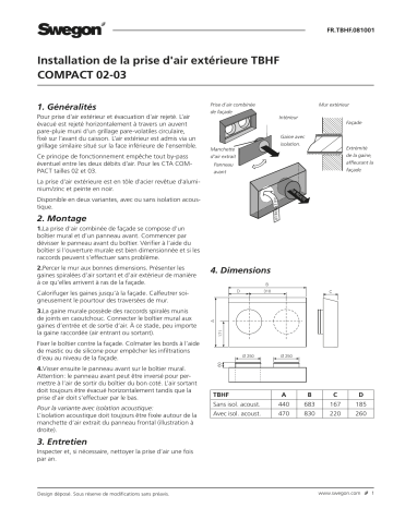 Swegon TBHF Prise d'air combinée murale Mode d'emploi | Fixfr