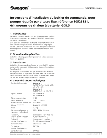 Swegon 80525881 Boîtier de commande Mode d'emploi | Fixfr