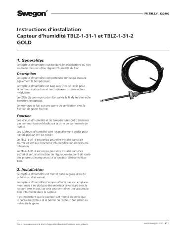 Swegon TBLZ-1-31-1/2 Capteur d'humidité Mode d'emploi | Fixfr