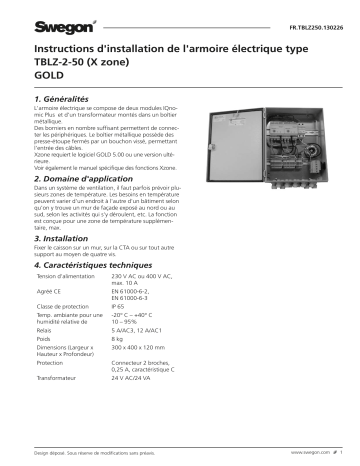 Swegon TBLZ-2-50 Armoire électrique zone Mode d'emploi | Fixfr