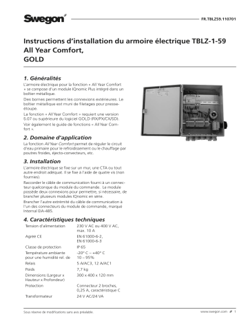 Swegon TBLZ-1-59 Armoire équipement électrique Mode d'emploi | Fixfr