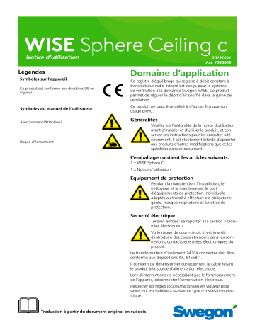 Swegon WISE Sphere Ceiling c Mode d'emploi | Fixfr