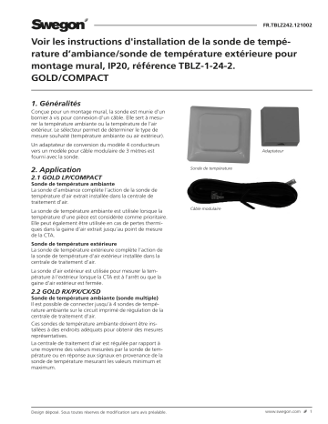 Swegon TBLZ-1-24-2 Capteur temp. ambiante/extérieure Mode d'emploi | Fixfr