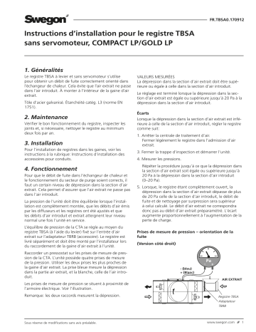 Swegon TBSA-0 Registre sans servomoteur Mode d'emploi | Fixfr