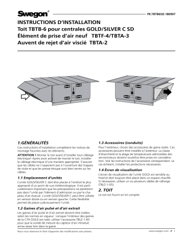 Swegon TBTB-6 Toit Mode d'emploi | Fixfr