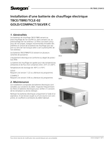 Swegon TBCE/TBRE/TCLE-02 Batterie de chauffage électrique Mode d'emploi | Fixfr