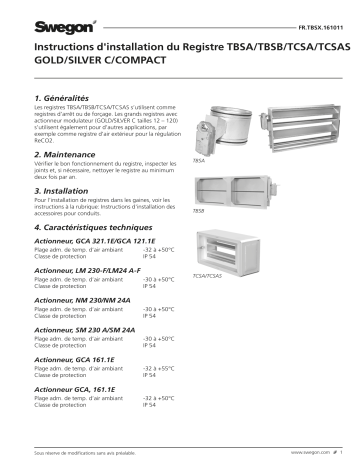 Swegon TBSA/TBSB/TCSA Registre Mode d'emploi | Fixfr