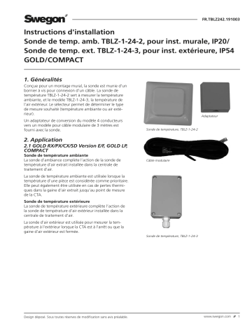 Swegon TBLZ-1-24-2/TBLZ-1-24-3 Capteur temp. ambiante/extérieure Mode d'emploi | Fixfr